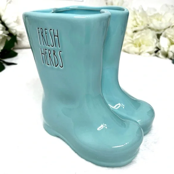 ❌SOLD❌ Rae Dunn NWT FRESH HERBS Rain Boots Planter Aqua Blue Green 6” Planter - Picture 16 of 16